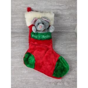 Vintage‎ Mouse Plush Happy Holidays Embroidered Stocking Red & Green